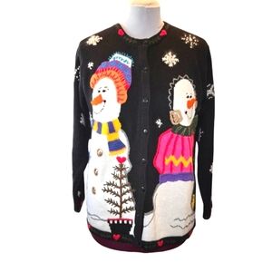 The Quacker‎ Factory Vintage Black Front & Back Graphic Snowman Cardigan Size M